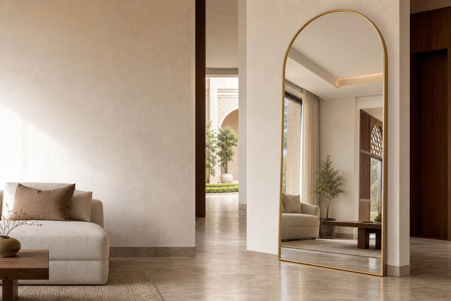 Mansrong arched full-length mirror in a refined Saudi living room