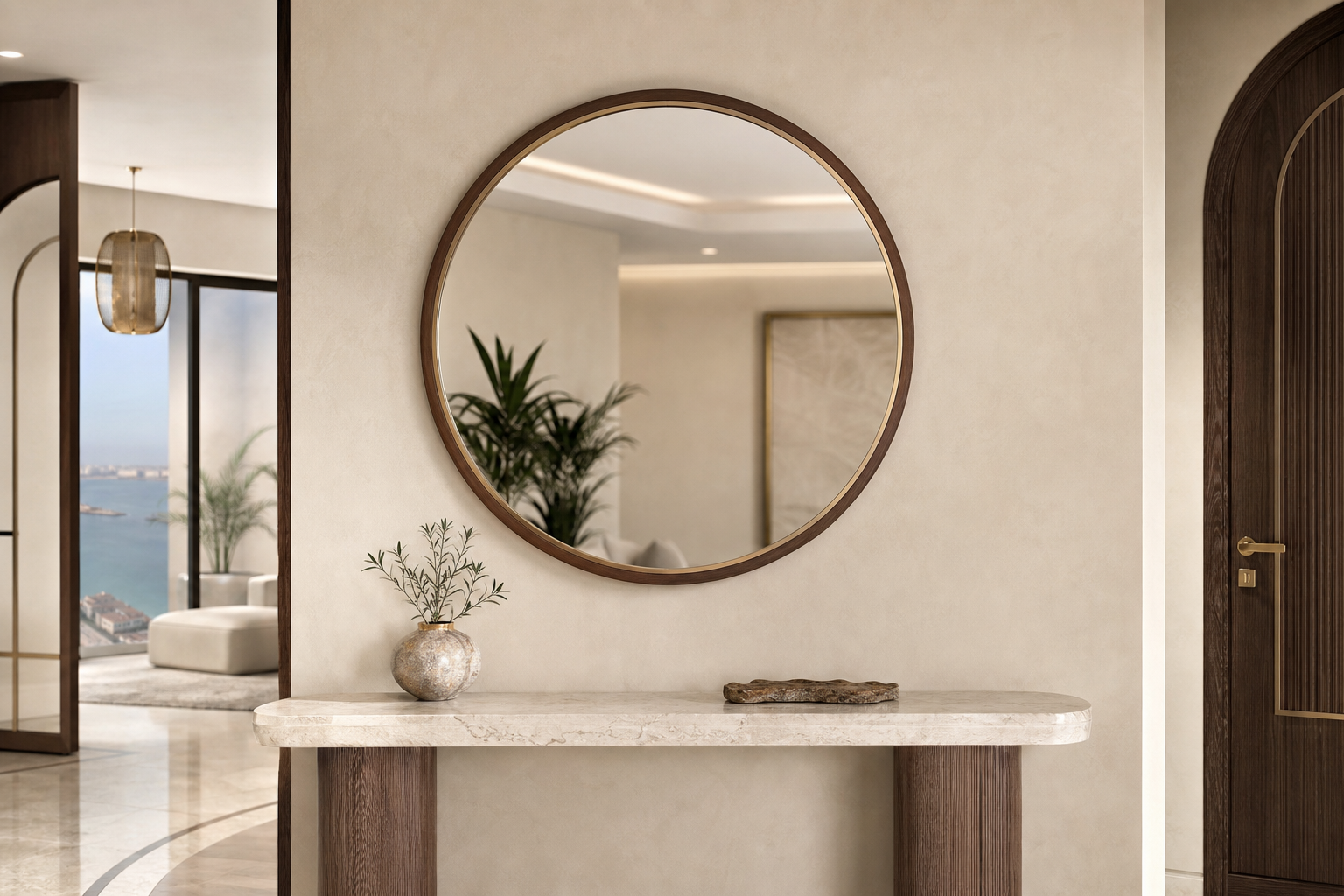 Round decorative mirror in entryway